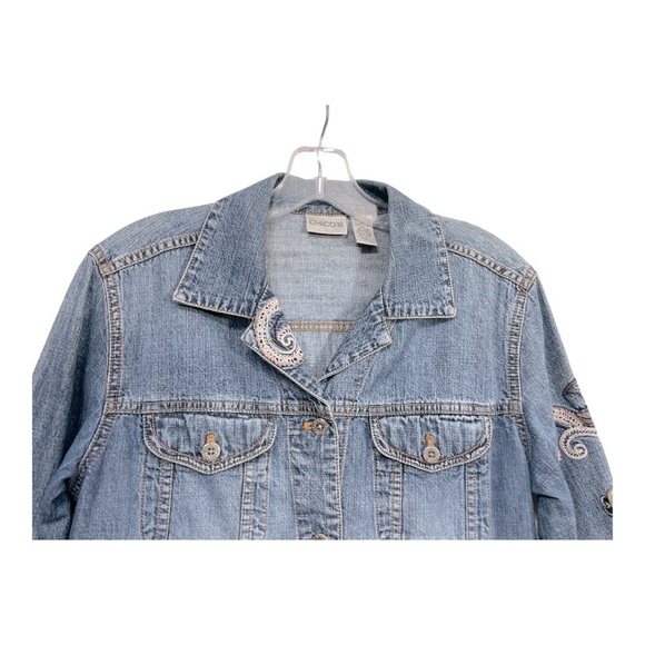 VTG Chico Designer Embroidered Lace Denim Statement Jean Jacket size 0 - Picture 3 of 12
